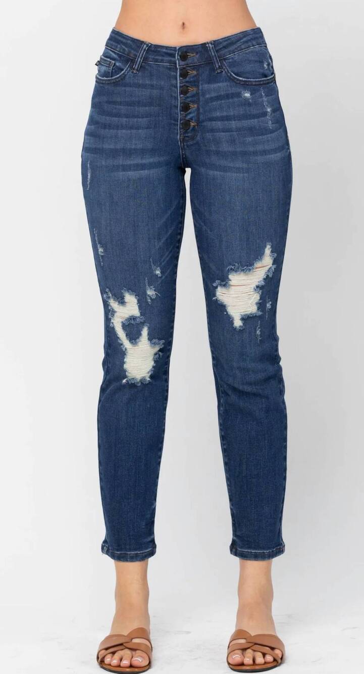 NEW JUDY BLUE high waist zigzag button fly destroy boyfriend jeans - plus in dar